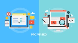 Comparison between PPC and SEO - Concept of Pay per click vs Search engine optimization flat vector banner