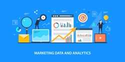 Marketing data analysis - Marketing idea - Business analytics - Strategy flat vector banner with icons and characters