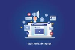 Social media marketing, Marketing campaign, Influencer marketing network, vector banner with icons