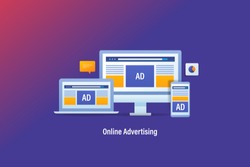 Online advertising, Responsive ads, Website advertising conceptual vector banner with icons