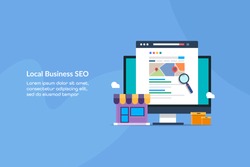 Local business SEO, Small Business SEO, eCommerce SEO service - conceptual flat design vector illustration with icons and texts