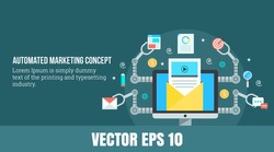 A concept for automated marketing, digital marketing automation flat vector illustration with email, search and chat icons