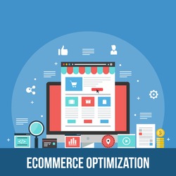 eCommerce marketing, sales conversion optimization, shopping cart, flat design vector with icons