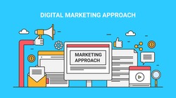 Digital marketing approach, strategies of modern internet advertising, social media flat line vector banner with icons