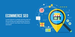 Flat concept for E-commerce SEO, local business SEO, on-line sales optimization vector banner with icons isolated on blue background