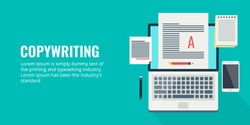 Concept for Copywriting, content development, freelance, blog post flat vector banner isolated on green background