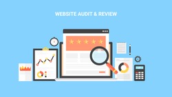 Concept for website audit, review, data research, and analysis flat design vector with elements isolated on blue background