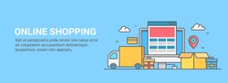 Thin line illustration of online shopping, order, and delivery. eCommerce website flat vector 