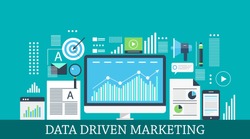 Data-driven marketing, digital marketing insights, data research and analysis flat vector illustration with icons