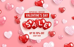 Realistic vector template of Valentine's Day sale background with balloons hearts icon. Romantic composition of frame and banner for discount, special offers, website, posters, promotional material. 