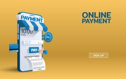 Payment online service on smartphone mobile with a hand push pay button and the bill comes out. E-commerce online payment by credit card.