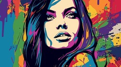 Woman, graffiti street art fashion. Vector graphic, beautiful, strong, lady spray painted. Paint splatter. Cool urban modern poster texture. Powerful contemporary wall art sketch. home decor style. 