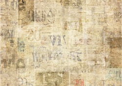 Newspaper with old unreadable text. Vintage grunge blurred paper news texture horizontal background. Textured page. Gray beige sepia collage. Front top view.