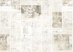 Newspaper with old unreadable text. Vintage grunge blurred paper news texture horizontal background. Textured page. Gray collage. Space for text.