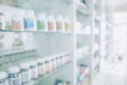 Pharmacy blurred light tone with store drugs shelves interior background, Concept of pharmacist, middle east or transcontinental region centered on western asia. Background of pharmacy business store.
