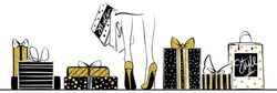 Vector girl in gold high heels surrounded by shopping bags, gift boxes.Fashion illustration.Female legs in shoes.Glitter Design for sale,discount, advertising, store.Vogue style.Women with packages. 
