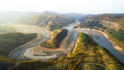 Landscape river curve autumn sunset aerial photo in Bulgaria