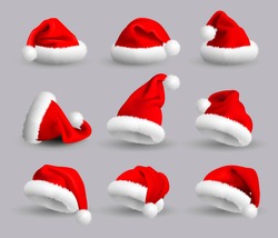 Collection of Red Santa Claus Hats isolated on gray background. Set. Vector Realistic Illustration.
