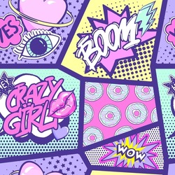 Fashion abstract seamless pattern with patch, stickers, dots and words. Cool background on comics style for teen girl 90-s