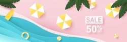 Summer sale time background. Blue sea and beach with stuff for summer. Paper cut and craft style illustration. Top view