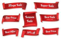 Sale ribbons. Red ribbons price badges isolated on white background, glossy cheap sales tags collection or promotion vector labels