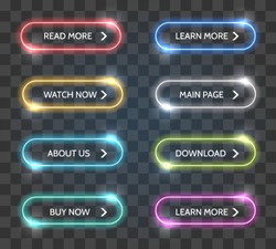 Shop vector glow buttons. Neon glowing buy now and learn more, download and read more labels, web button set for shopping