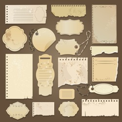 Scrapbooking ripped old papers. Vector vintage paper memos with aged textures for scrapbookers, antique scrapbooks blank elements, torned retro stickers, tags and cards