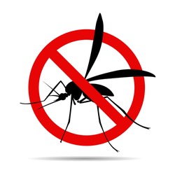 No mosquito fly. Anti gnat or stop midge vector icon, insect repellent spray sign, bite forbidden red cross circle, insects danger and control warning symbol with mosquitoes silhouette