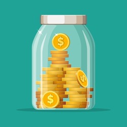 Money bottle. Coins jar, investing fund savings vector illustration, glass bank cash savingcoins concept