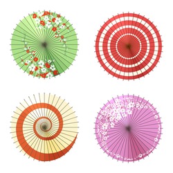 Asian umbrellas isolated on white background. Vector chinese canopy or japanese washi paper and bamboo umbrella wagasa