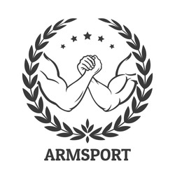 Arm wrestling logo with two men hands, stars and laurel wreath. Vector illustration