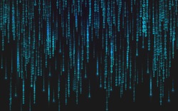 Binary matrix background. Falling digits on dark backdrop. Running random numbers. Abstract data concept. Blue futuristic cyberspace. Vector illustration.