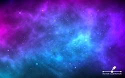 Space background with stardust and shining stars. Realistic colorful cosmos with nebula and milky way. Blue galaxy backdrop. Beautiful outer space. Infinite universe. Vector illustration.