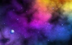 Space background. Realistic color nebula with shining stars and planet. Colorful galaxy with stardust. Abstract futuristic backdrop. Vector Illustration for poster, banner.
