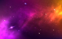Space background. Yellow colorful galaxy. Realistic purple nebula with stardust and planet. Shining stars in cosmos. Futuristic backdrop for poster, brochure, banner. Vector Illustration.