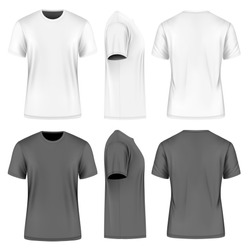 Men's short round neck t-shirt . Front, side and back views. Vector illustration. Fully editable handmade mesh. Black and white variants.