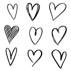 Set of nine hand drawn heart. Handdrawn rough marker hearts isolated on white background. Vector illustration for your graphic design
