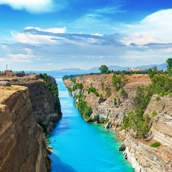 Picturesque summer landscape of the Corinth Canal in a bright sunny day in Greece