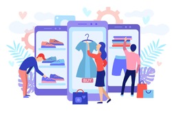 Mobile shopping consept. A men and a woman buy things in the online store. Shopping on social networks through phone flat design style. Online shopping vector illustration.
