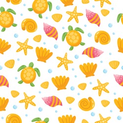 Childish nautical seamless pattern. Seashells, marine animals and turtle. Background for fabric print, texture and wrapping paper.