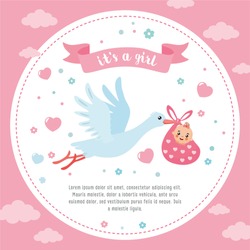 Baby shower frame. Stork carrying a cute baby in a bag. It's a girl! Baby girl announcement card template. Place for your text.