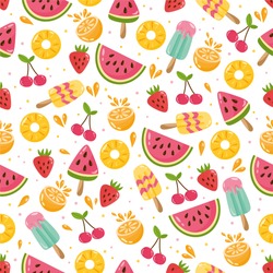 Summer seamless pattern. Illustration with different fruits. Watermelon, cherry, strawberry, ice cream. Background for fabric print, texture and wrapping paper.