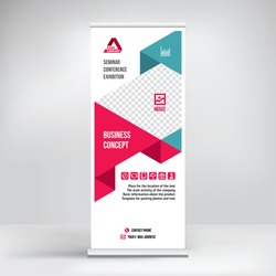 Banner roll-up vector, red graphic template for the exhibition stand, for the conference, accommodation advertising 

information and photos. Business concept, vector background
