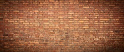 Old Brick wall panoramic view. Grunge red vintage background.