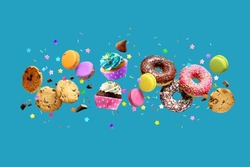 Cakes, sweets, confectionery collage background. Donuts, cookies cupcakes macaroons levitation over blue background