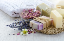 Handmade Soap with bath and spa accessories. Dried lavender and rose petals