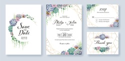 Greenery, succulent and branches Wedding Invitation card, save the date, thank you, rsvp template. Vector. 