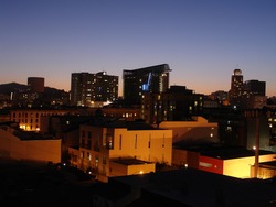 Sunset in SOMA, with a deep color view of the industrial motif of the residences.