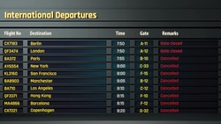 Terrorism threat at airport, all flights canceled on departure board, accident
