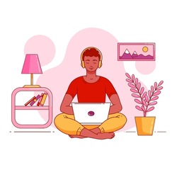 Young man listens to podcast with headphones. Guy sitting in lotus position, laptop on his lap. Concept home music therapy, remote work, distance learning. Vector flat illustration with outline.